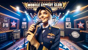 Interior of the Mobile Comedy Club, featuring a close up of a young blonde female Barbie dressed in a Confederate Navy uniform, on s6