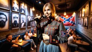 Interior of the Mobile Comedy Club, focusing on a young blonde female Barbie in a Confederate uniform on stage. The stage is well li2