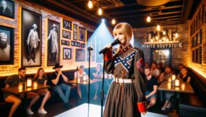 Interior of the Mobile Comedy Club, focusing on a young blonde female Barbie in a Confederate uniform on stage. The stage is well li3