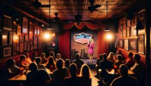 Interior of the Port St. Lucie Comedy Club with a young blonde female Barbie on stage. She is wearing a hot pink outfit, holding a m2