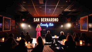 Interior of the San Bernardino Comedy Club, featuring a young blonde female Barbie on the stage. She is dressed in a vibrant hot pin2