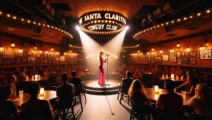 Interior of the Santa Clarita Comedy Club, featuring a young blonde female Barbie on stage. She's wearing a dazzling hot pink outfit2
