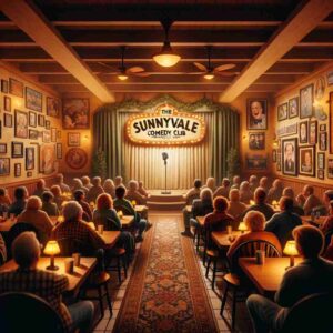 Interior of the Sunnyvale Comedy Club, depicting a cozy and welcoming environment. The club features a small stage with a microphone and a spotlight, Rochester Comedy Club ready for Barbie Sequel