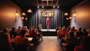 Interior of the Tallahassee Comedy Club, showcasing a young blonde female Barbie on stage, wearing a hot pink outfit. The stage is w3