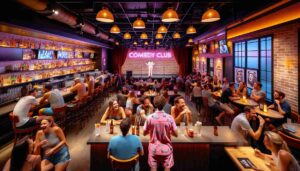 Interior view of a comedy club in Orlando, Florida, showcasing a different angle of the club. The image features a bar area with peopl2