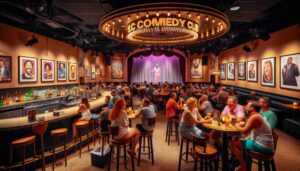Interior view of a comedy club in Orlando, Florida, showcasing a different angle of the club. The image features a bar area with peopl3