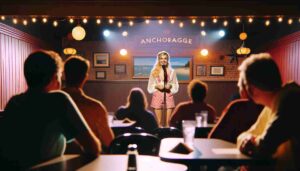 Interior view of an Anchorage comedy club with a stage featuring a young, attractive female Barbie with blonde hair, dressed in pink1