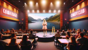 Interior view of an Anchorage comedy club with a stage featuring a young, attractive female Barbie with blonde hair, dressed in pink2