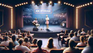 Interior view of an Anchorage comedy club with a stage. The scene features a young, attractive female Barbie with blonde hair, dress2