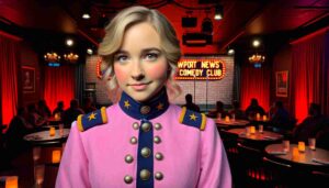 Interior view of the Newport News Comedy Club showing a close up headshot of a young Barbie dressed in a pink. 