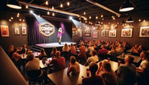 Interior view of the Sioux Falls Comedy Club, focusing on the stage. A young blonde Barbie wearing a hot pink outfit is performing o3 Interior view of the Sioux Falls Comedy Club, focusing on the stage. A young blonde Barbie wearing a hot pink outfit is performing o3