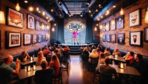 Interior view of the Sioux Falls Comedy Club, focusing on the stage. A young blonde Barbie wearing a hot pink outfit is performing o4 Interior view of the Sioux Falls Comedy Club, focusing on the stage. A young blonde Barbie wearing a hot pink outfit is performing o4