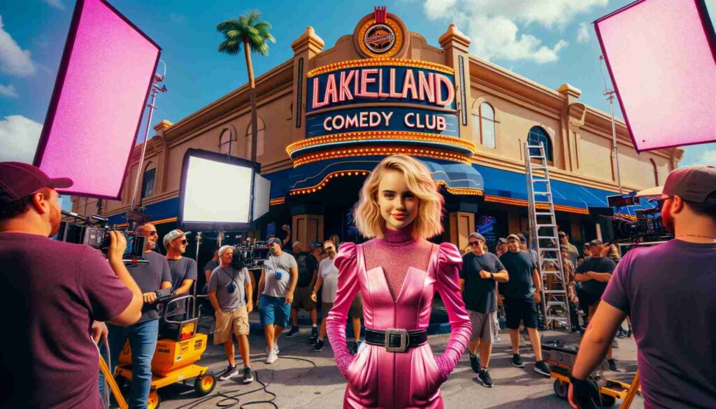 Lakeland Comedy Club, 2024 01 04 10.35.13 Exterior of the Lakeland Comedy Club, bustling with the excitement of a movie shoot. In the foreground, a young blonde woman, a Caucasian, dressed in
