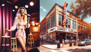 1. Interior of a Lincoln, NE comedy club, featuring an attractive young female Barbie with blonde hair on stage. She's wearing pink 2 1. Interior of a Lincoln, NE comedy club, featuring an attractive young female Barbie with blonde hair on stage. She's wearing pink 2