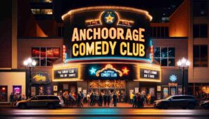 Night view of the Anchorage comedy club's exterior, showing the club's illuminated sign and facade. People are gathered around the ent5