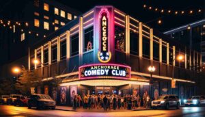 Night view of the Anchorage comedy club's exterior, showing the club's illuminated sign and facade. People are gathered around the ent6
