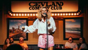 Onstage at 'Cleveland Comedy Club', featuring a female Barbie with blonde hair, wearing pink beachwear and a white blouse. She is en3 Onstage at 'Cleveland Comedy Club', featuring a female Barbie with blonde hair, wearing pink beachwear and a white blouse. She is en3