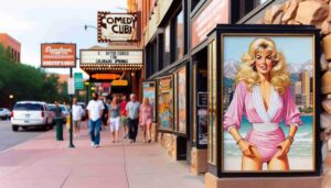 Outside a comedy club in Colorado Springs, featuring an attractive blonde female Barbie in pink beachwear with a white blouse, standing on 4