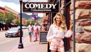 Outside a comedy club in Colorado Springs, featuring an attractive blonde female Barbie in pink beachwear with a white blouse, standing on 5