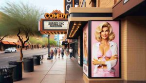 Outside a comedy club in Mesa, Arizona, featuring a famous blonde female Barbie in pink beachwear and a white blouse, posing on the sidewal6