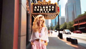 Outside the Atlanta Comedy Club, an attractive blonde female Barbie in pink beachwear and a white blouse is posing on the sidewalk. The clu1