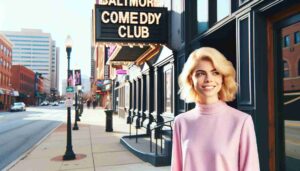 Outside the Baltimore Comedy Club, an attractive blonde female Barbie in pink standing on the sidewalk. The image shows her in front of the1