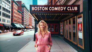 Outside the Boston Comedy Club, an attractive blonde female Barbie in pink standing on the sidewalk. The image shows her in front of the cl25
