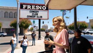 Outside the Fresno Comedy Club, with a focus on the club's exterior signage. An attractive blonde female Barbie, dressed in pink, is standi6