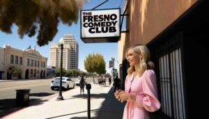 Outside the Fresno Comedy Club, with a focus on the club's exterior signage. An attractive blonde female Barbie, dressed in pink, is standi7