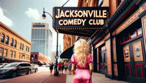 Outside the Jacksonville Comedy Club, the famous blonde female Barbie in pink is on the sidewalk. The exterior of the club is visible, with3