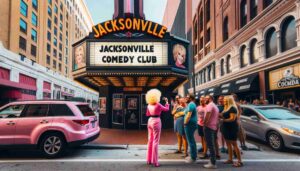 Outside the Jacksonville Comedy Club, the famous blonde female Barbie in pink is on the sidewalk. The exterior of the club is visible, with4