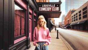 Outside the Louisville Comedy Club, an attractive blonde female Barbie in pink standing on the sidewalk. The image shows her in front of th34