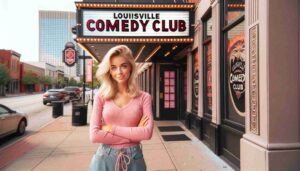 Outside the Louisville Comedy Club, an attractive blonde female Barbie in pink standing on the sidewalk. The image shows her in front of th35