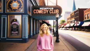 Outside the Memphis Comedy Club, an attractive blonde female Barbie in pink standing on the sidewalk. The image shows her in front of the c1