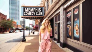 Outside the Memphis Comedy Club, an attractive blonde female Barbie in pink standing on the sidewalk. The image shows her in front of the c2