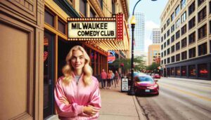 Outside the Milwaukee Comedy Club, an attractive blonde female Barbie in pink standing on the sidewalk. The image shows her in front of the3