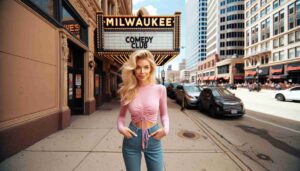 Outside the Milwaukee Comedy Club, an attractive blonde female Barbie in pink standing on the sidewalk. The image shows her in front of the4