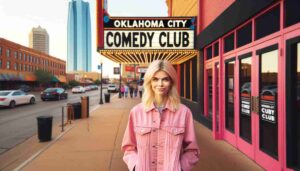 Outside the Oklahoma City Comedy Club, an attractive blonde female Barbie in pink standing on the sidewalk. The image shows her in front of8