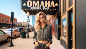Outside the Omaha Comedy Club in Nebraska An attractive female Barbie with blonde hair, wearing stylish attire, standing on the sidewalk. 3