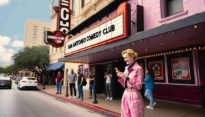 Outside the San Antonio Comedy Club on the sidewalk. The image should show her inter3