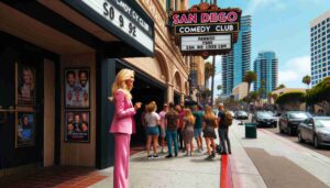 Outside the San Diego Comedy Club, a famous blonde female Barbie in pink on the sidewalk. The image captures her engaging with fans or prep4