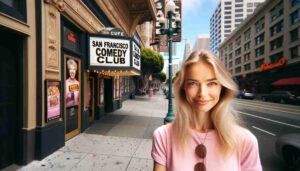 Outside the San Francisco Comedy Club, an attractive blonde female Barbie in pink standing on the sidewalk. The image shows her in front of5