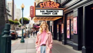 Outside the San Francisco Comedy Club, an attractive blonde female Barbie in pink standing on the sidewalk. The image shows her in front of6