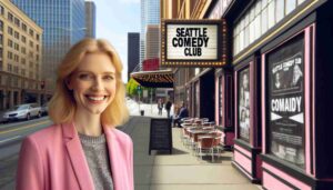 Outside the Seattle Comedy Club, an attractive blonde female Barbie in pink standing on the sidewalk. The image shows her in front of the c3 Outside the Seattle Comedy Club, an attractive blonde female Barbie in pink standing on the sidewalk. The image shows her in front of the c3