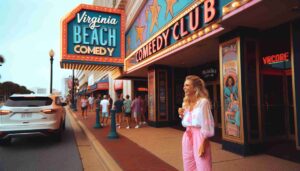 Outside the Virginia Beach Comedy Club, showing the club's exterior with a large, colorful sign displaying 'Virginia Beach Comedy Club'. An a4