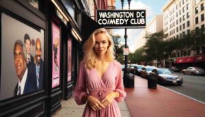 Outside the Washington DC Comedy Club, an attractive blonde female Barbie in pink standing on the sidewalk. The image shows her in front of17