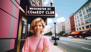 Outside the Washington DC Comedy Club, an attractive blonde female Barbie in pink standing on the sidewalk. The image shows her in front of18