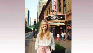Outside the comedy club in Saint Paul, Minnesota. The building has a distinct and stylish facade, with a large neon sign that reads 'S6 Outside the comedy club in Saint Paul, Minnesota. The building has a distinct and stylish facade, with a large neon sign that reads 'S6