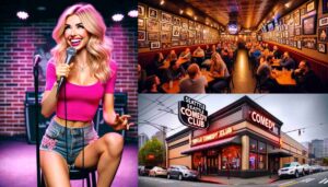 Photo 1 Inside the Seattle Comedy Club, an attractive blonde female Barbie in pink is performing on stage. The image captures her with a m1 Photo 1 Inside the Seattle Comedy Club, an attractive blonde female Barbie in pink is performing on stage. The image captures her with a m1