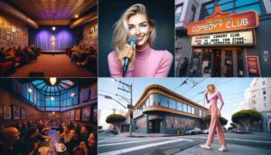 Photo 1 Inside the San Francisco Comedy Club, an attractive blonde female Barbie in pink is performing on stage. The image captures her wi1